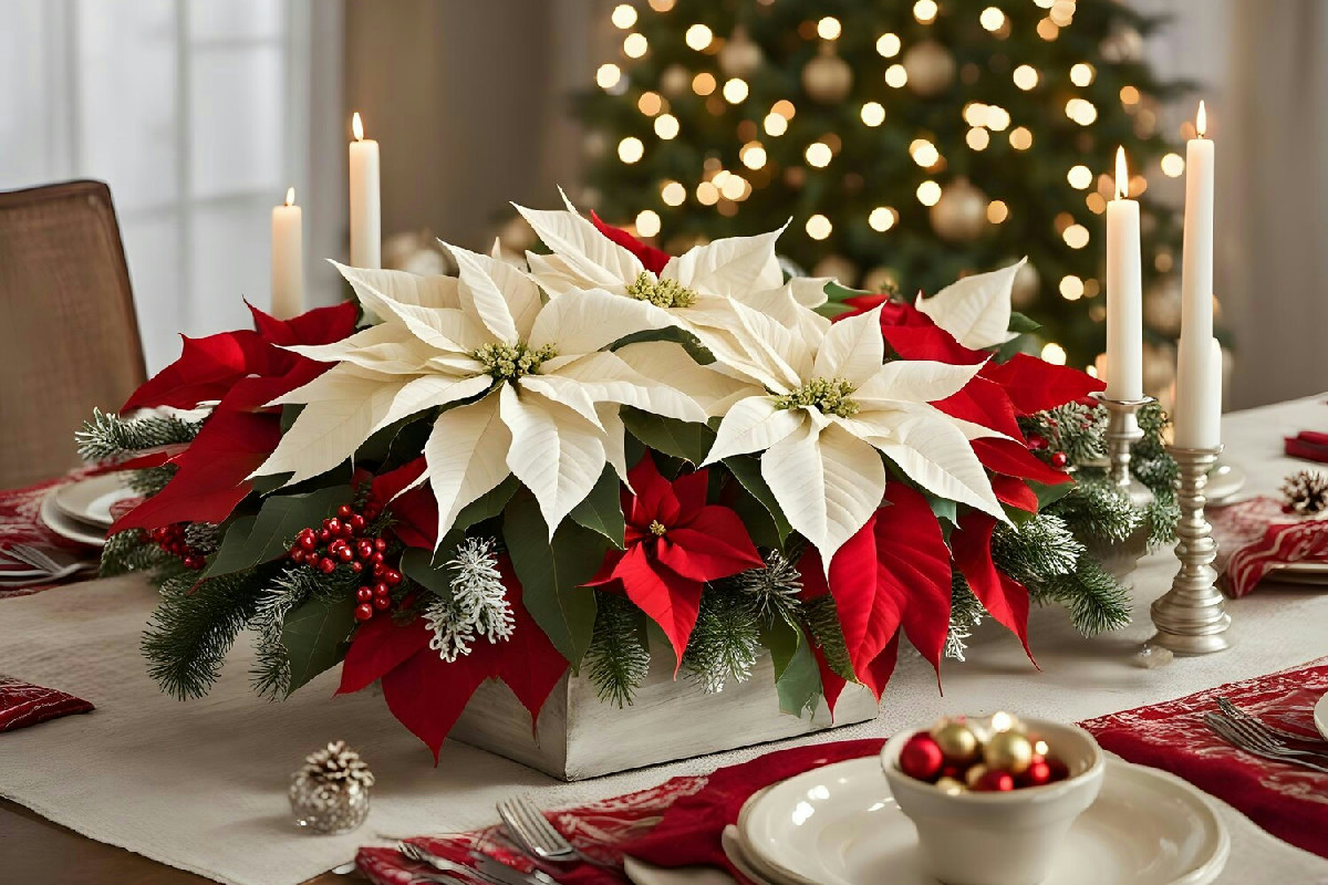 Centrotavola natalizi con la Stella di Natale: due idee eleganti e semplici in colori a contrasto